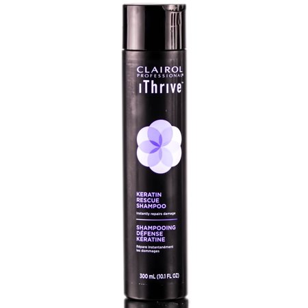 Clairol Professional IThrive Keratin Rescue Shampoo in a sleek black bottle with purple and white floral design, labeled for 10.1 oz, focusing on instant damage repair.