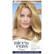 Clairol Nice N Easy Permanent Hair Dye in Medium Blonde 8, featuring a model with long, flowing blonde hair, packaging with a gold and white design, and an image of the product's formula.