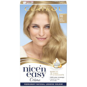 Clairol Nice N Easy Permanent Hair Dye box featuring a model with light beige blonde hair, showcasing the shade 9B, with a gold and blue design and a drop of color serum.