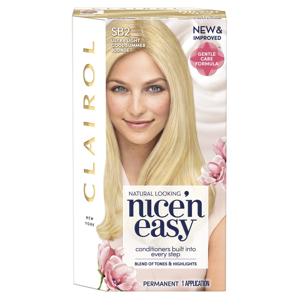 Clairol Nice'n Easy 3 Tone Permanent Hair Color box featuring a model with long, straight ultra light beach blonde hair, floral accents, and bold product branding.