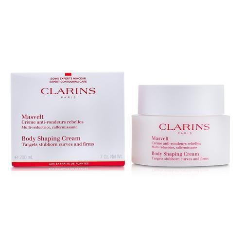 White jar with a gold lid, labeled "Clarins Body Shaping Cream," alongside a white box featuring the brand name and product details in red and black text.