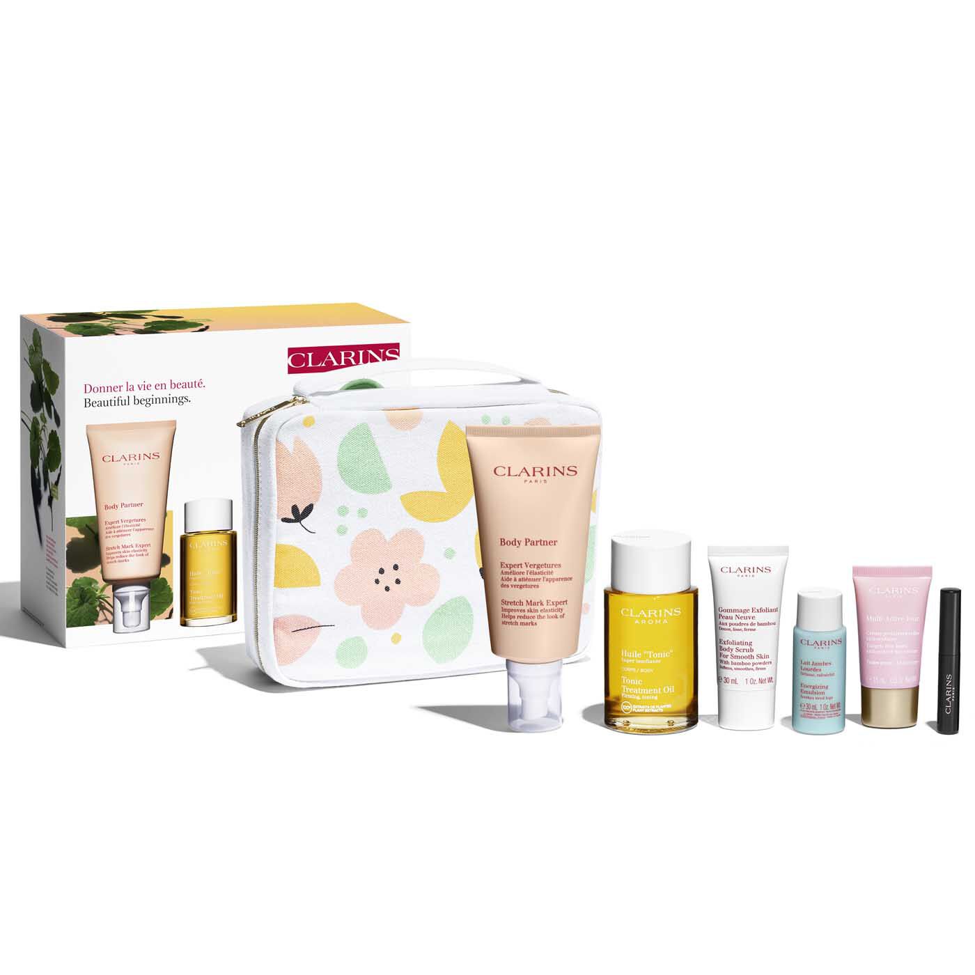 Clarins Beautiful Beginnings Maternity 6 Piece Gift Set featuring a floral-patterned pouch, a 100ml Body Partner cream, and five travel-sized skincare products in pastel colors.