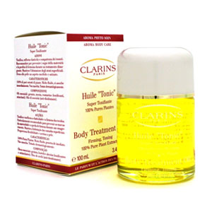Clarins Contour Body Treatment Oil in a clear glass bottle with a yellow liquid, featuring a white and red box with product details and a logo on the front.