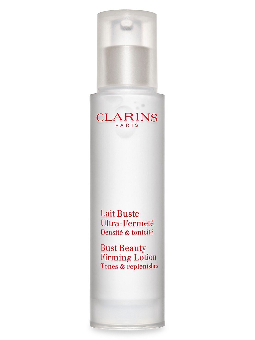 Clear plastic bottle with a pump dispenser, labeled "Clarins Bust Beauty Firming Lotion" in red text, featuring a sleek design and a white cap, 50 ml size.