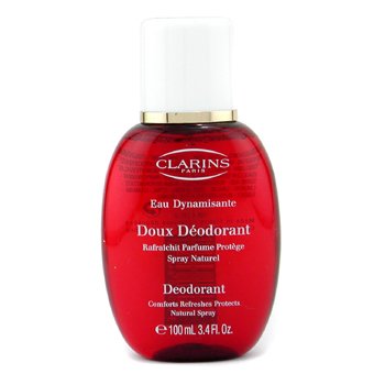 Red glass spray bottle with a white spray nozzle, labeled "Clarins Eau Dynamisante Doux Déodorant" in white text, 100 ml capacity, featuring a sleek, rounded design.