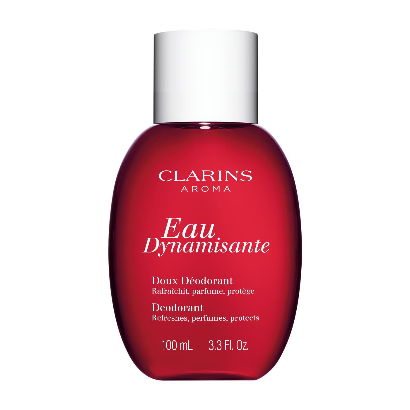 Red bottle with a rounded shape, labeled "Eau Dynamisante" in white text, featuring a spray nozzle, 100ml capacity, and the Clarins logo prominently displayed.