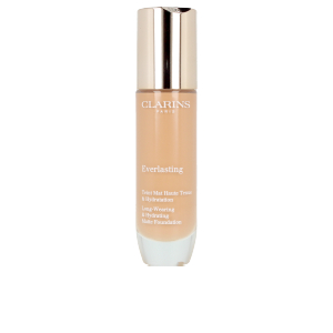 Clarins Everlasting Hydrating Matte Liquid Foundation in Nude, featuring a sleek glass bottle with a gold cap, showcasing a light beige liquid inside.