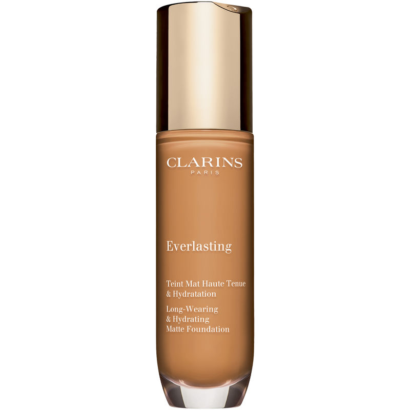 Clarins Everlasting Hydrating Matte Liquid Foundation in Nude, featuring a sleek glass bottle with a gold cap and elegant branding, designed for long-wearing hydration.