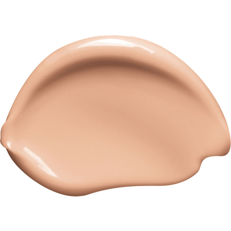 Smooth, creamy beige fluid in a circular shape, showcasing a light, natural tone ideal for foundation application, with a glossy finish.