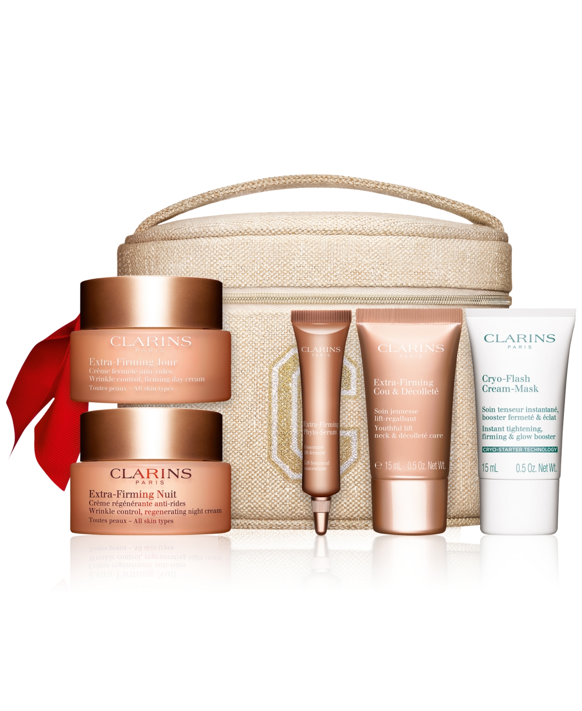 Four-piece Clarins Extra-Firming Collection set featuring cream jars and a tube in rose gold packaging, presented in a beige fabric case with a red ribbon.