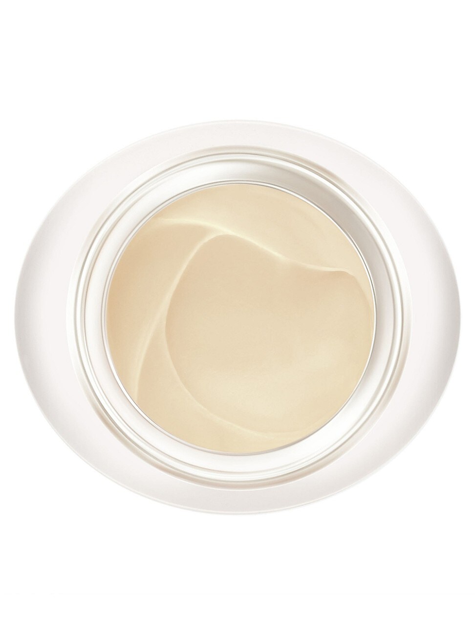 Round, white jar containing a creamy, pale beige lip and contour balm with a smooth texture, featuring a sleek, minimalistic design.