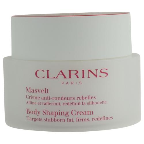 White jar with a smooth finish, featuring pink text, labeled "Clarins - Body Shaping Cream 200 Ml" and "Masvelt," designed for targeting stubborn fat and firming skin.