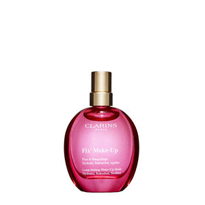 Clarins Fix Make-Up Fixer in a 15ml pink glass bottle with a gold spray nozzle, designed to hydrate and set makeup for a radiant finish.