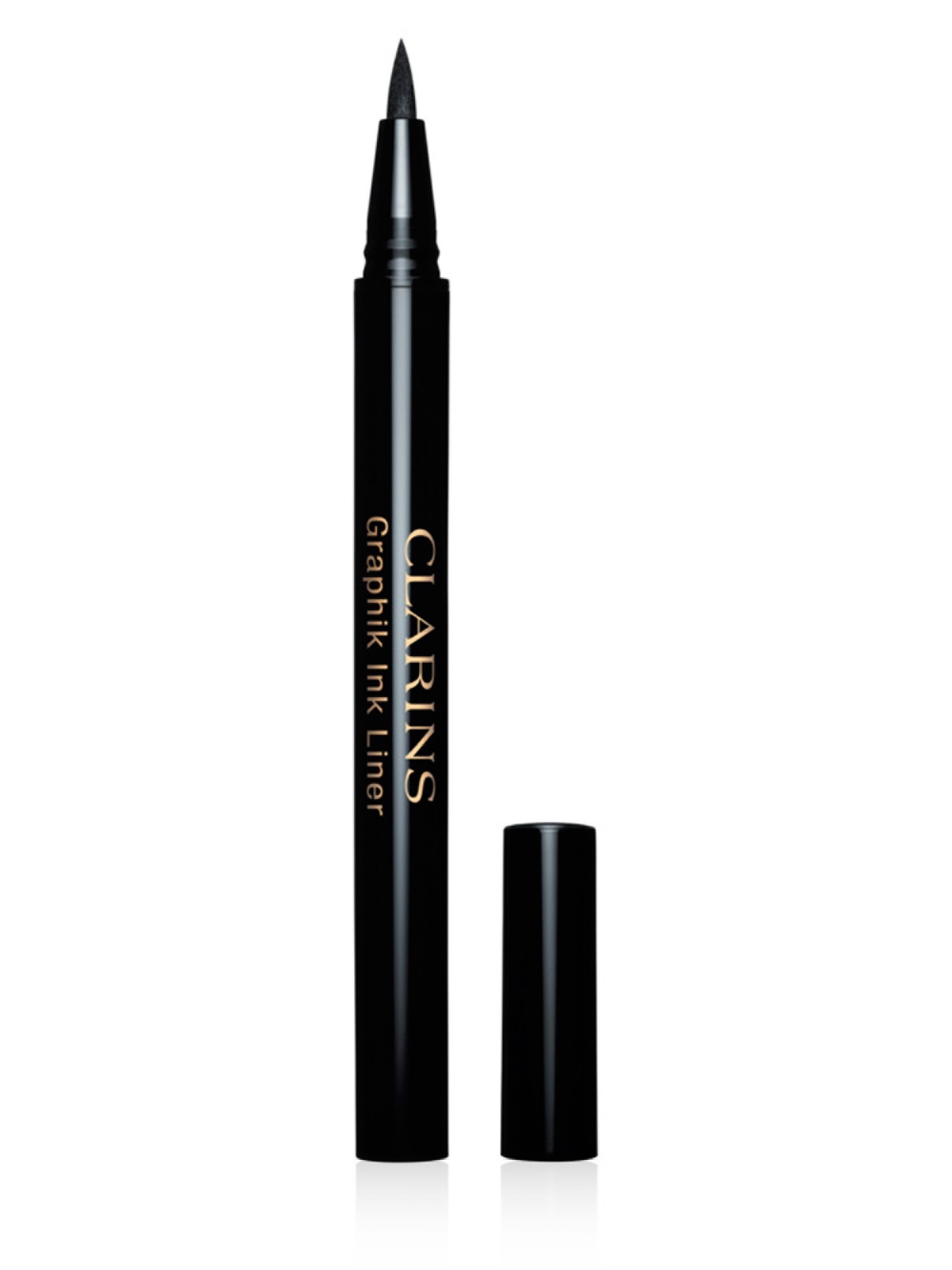 Clarins Graphik Ink Eyeliner in 01 Black features a sleek black pen design with a fine felt-tip applicator for precise lining, labeled with gold lettering.