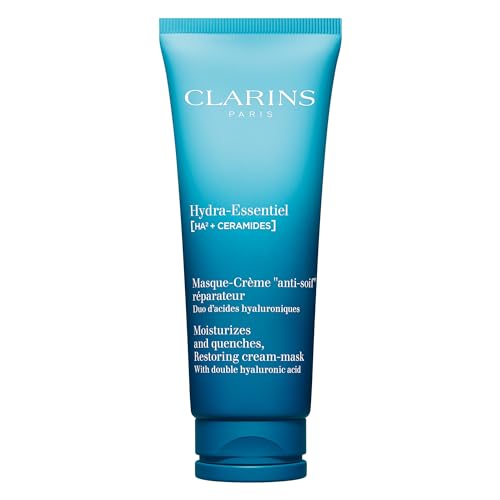 Clarins Hydra-Essentiel Hydra Mask in a turquoise squeeze tube, 75ml, featuring a sleek design with white text and a cap, designed to hydrate and restore skin.