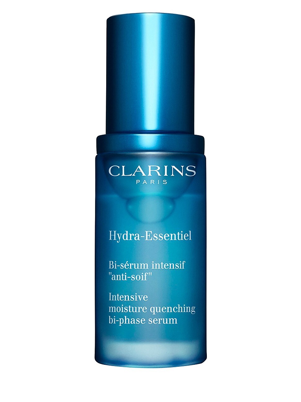 Blue glass bottle with a sleek design, featuring a silver cap and the text "Clarins Hydra-Essentiel Bi-Phase Serum" prominently displayed. Suitable for normal to dry skin.