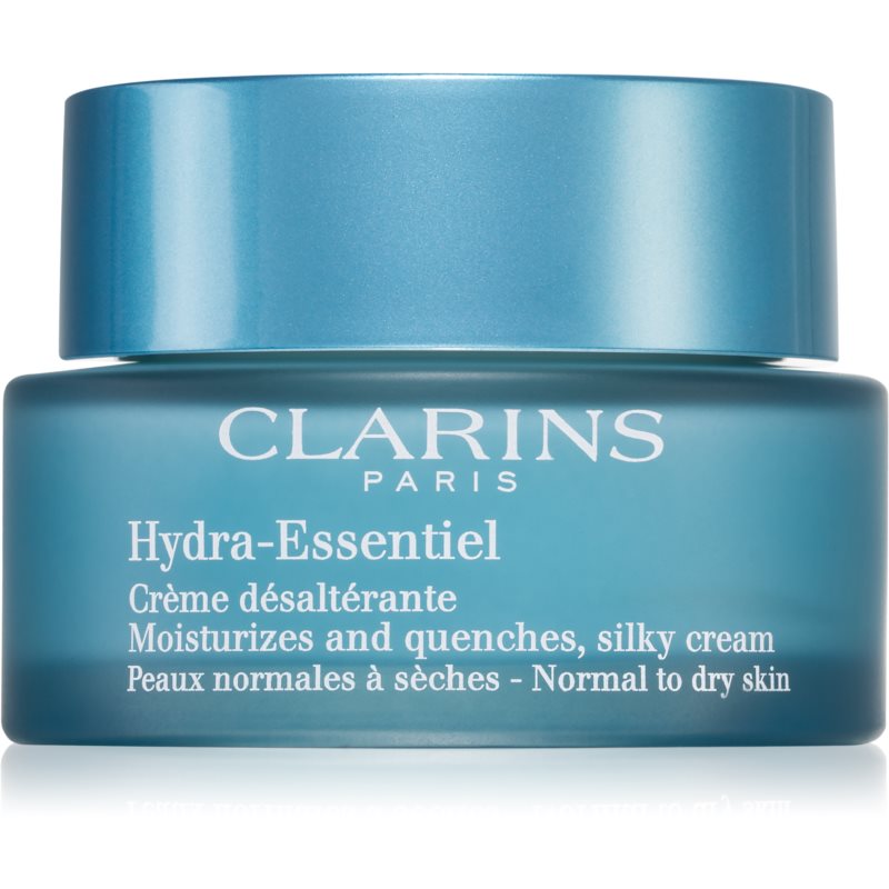 Light blue jar with a glossy finish, labeled "Clarins Hydra-Essentiel" in white text, featuring a silver lid, designed for normal to dry skin, 50ml capacity.