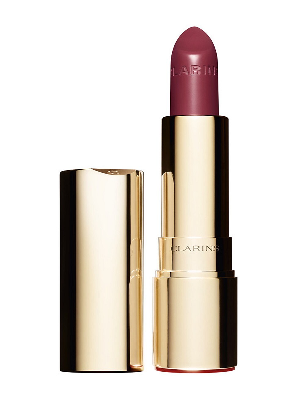 Clarins Joli Rouge Moisturising Long Wearing Lipstick in shade 732 Grenadine, featuring a sleek gold tube with a rounded burgundy bullet.