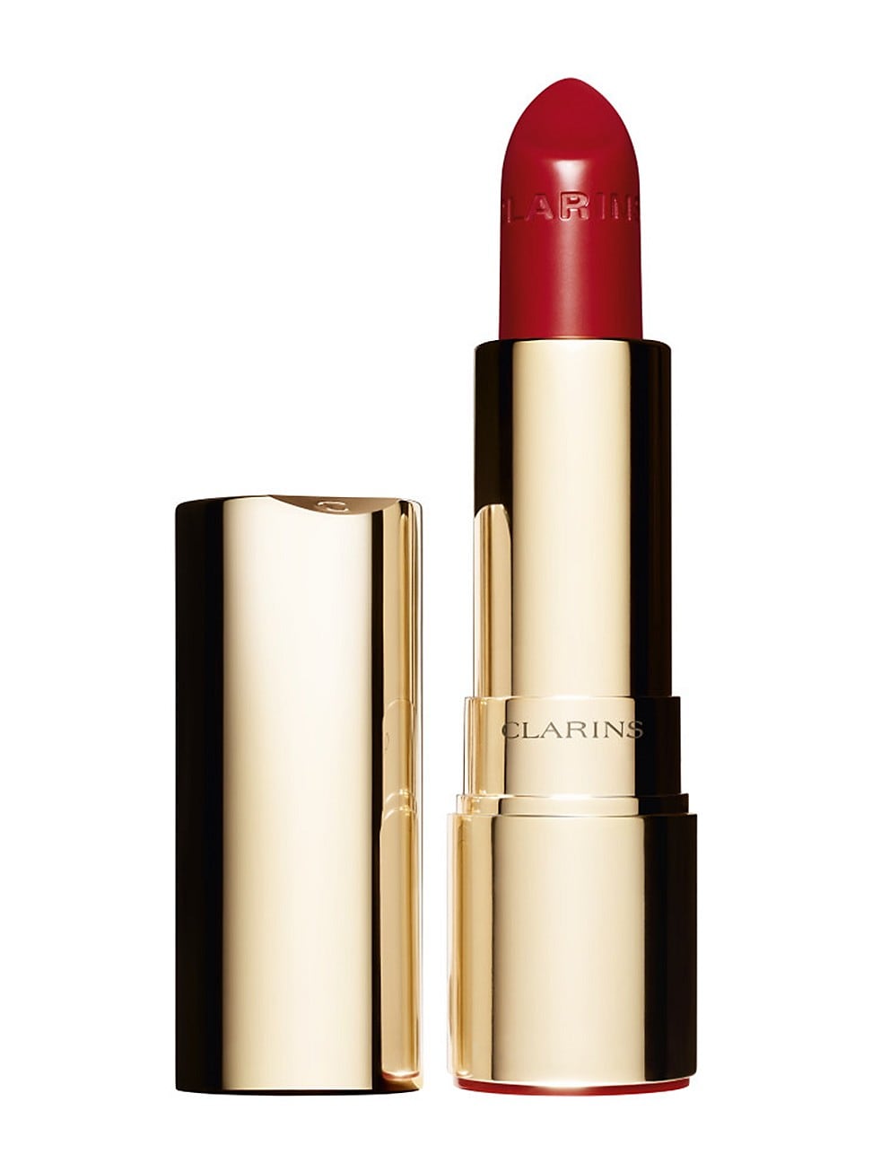 Rich red lipstick in a sleek gold tube, featuring a hydrating formula for long-lasting color, with "CLARINS" embossed on the bullet and cap.