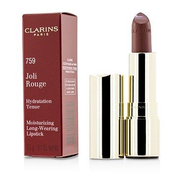 Deep mauve lipstick in a sleek gold and silver tube, accompanied by a burgundy box featuring the Clarins logo and product details.