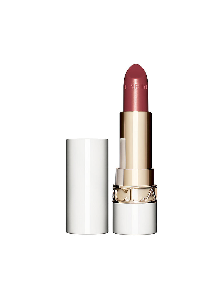Clarins Joli Rouge Shine Lipstick in shade 732S Grenadine features a creamy, soft pink hue, housed in a sleek white and gold tube with a shiny finish.