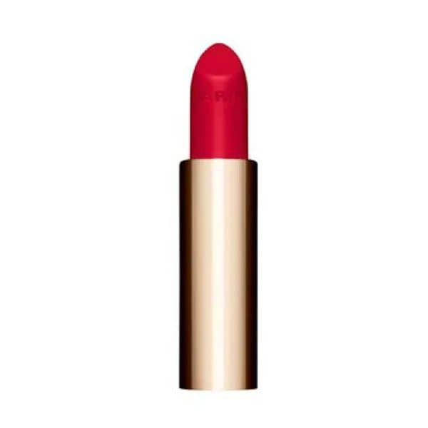 Bright red lipstick in a sleek gold tube, featuring a smooth, velvety finish, labeled "742V Joli Rouge" by Clarins, designed for easy refill.