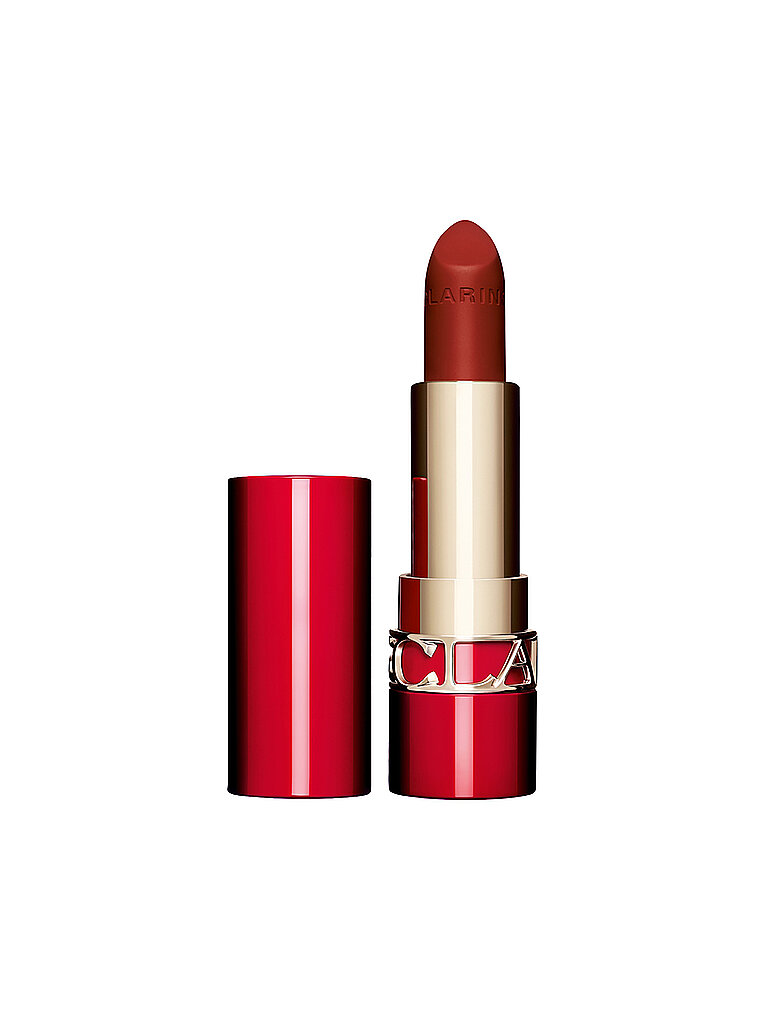 Matte Joli Rouge Velvet Lipstick in Dahlia Red, featuring a sleek gold and red tube, with a smooth, creamy lipstick bullet in a rich, deep red shade.