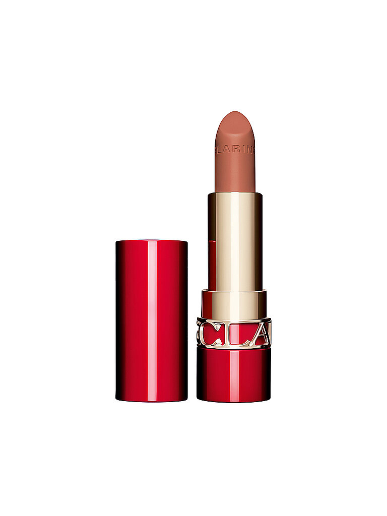 Matte Joli Rouge Velvet Lipstick in Almond Nude, featuring a nude beige bullet in a sleek red and gold casing with the Clarins logo.