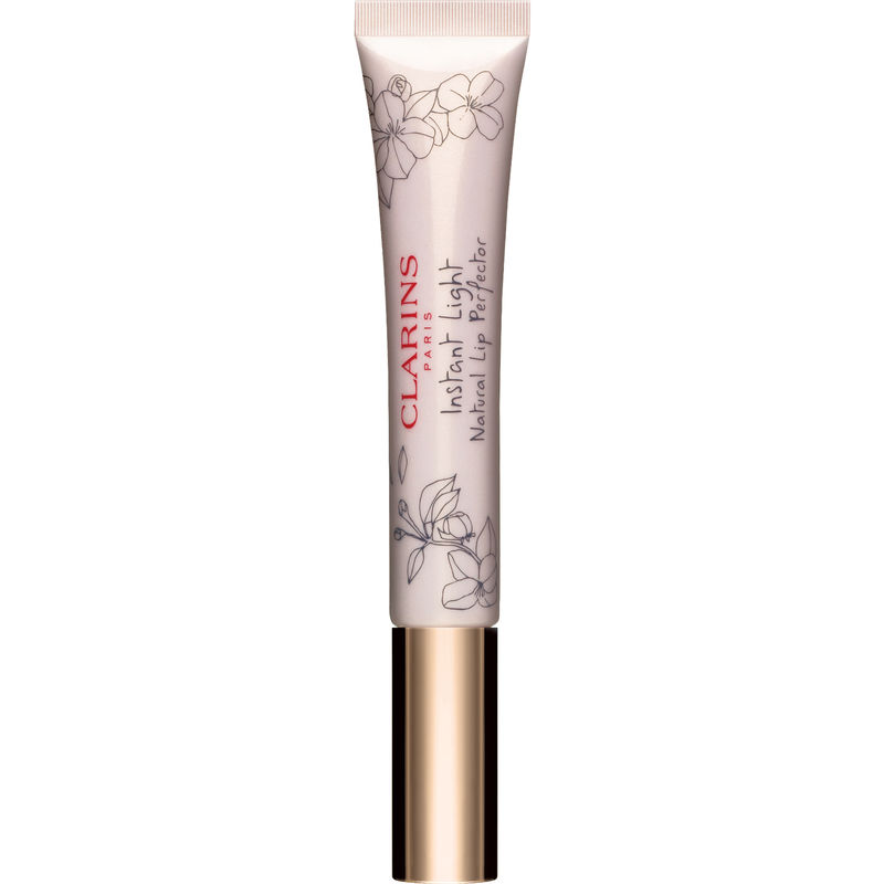 Clarins Instant Light Lip Perfector in Rossetto Liquido 15 Rosy Pearl, 12 ml, features a sleek tube with floral designs and a gold cap, showcasing a soft rosy pink hue.