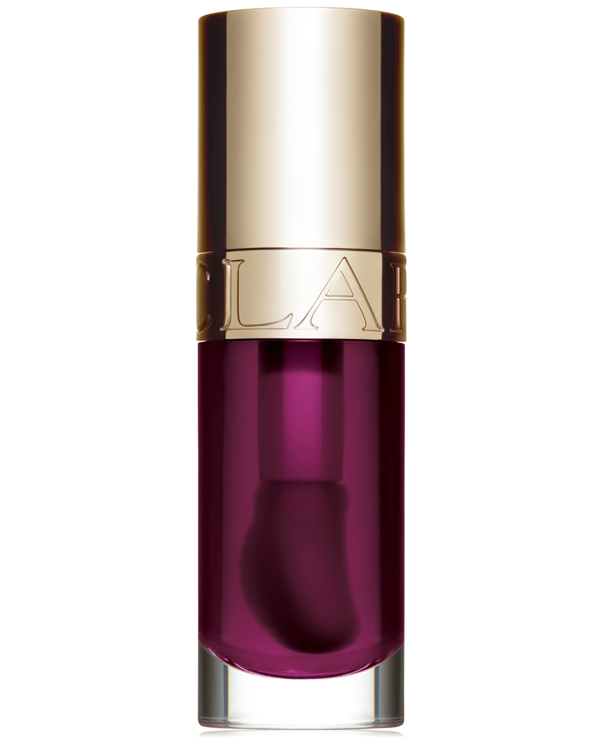 Clarins Lip Comfort Oil in shade #10 Plum, featuring a sleek glass bottle with a gold cap and a rich plum-colored oil inside, sized at 7ml/0.2oz.