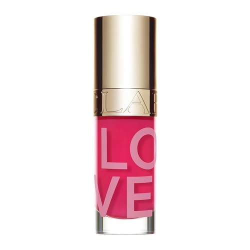 Limited edition Clarins Love Collection Lip Oil in shade 31 Rosy Kiss, featuring a glossy, sweet candy pink hue and a gold cap with "LOVE" embossed in bold letters.