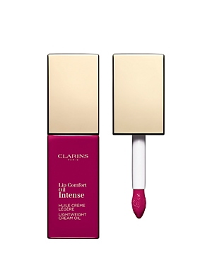 Clarins Lip Comfort Oil Intense in a sleek, gold-capped bottle, featuring a vibrant plum shade with a doe-foot applicator for easy application.
