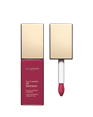 Clarins Lip Comfort Oil Intense in shade 03 Intense Raspberry, featuring a sleek gold cap and a pink liquid formula with a doe-foot applicator.