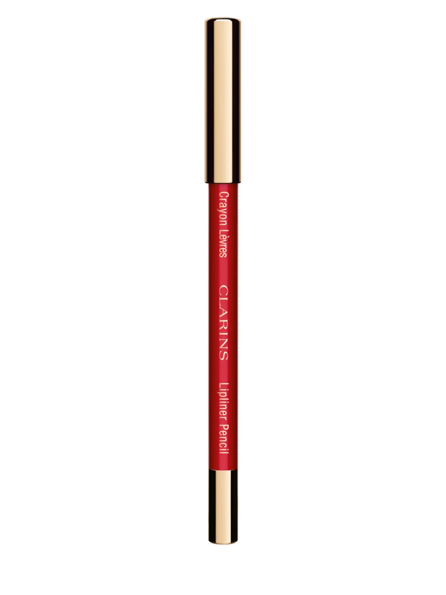 Clarins Lipliner Pencil in shade 05 Roseberry, featuring a sleek red pencil design with a gold cap and branding, perfect for defining lips.