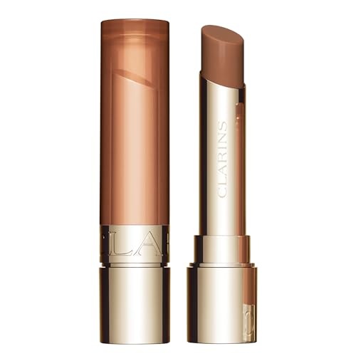 Clarins Lip Oil Balm in shade 04 Almond, featuring a sleek, transparent brown tube and a smooth, creamy balm stick, ideal for moisturizing lips.