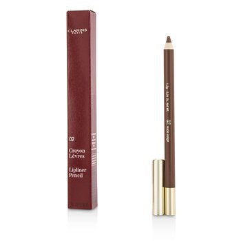 Clarins Lip Pencil in Shade 02 Nude Beige, featuring a wooden pencil with a gold cap, alongside a maroon box displaying product details and shade information.