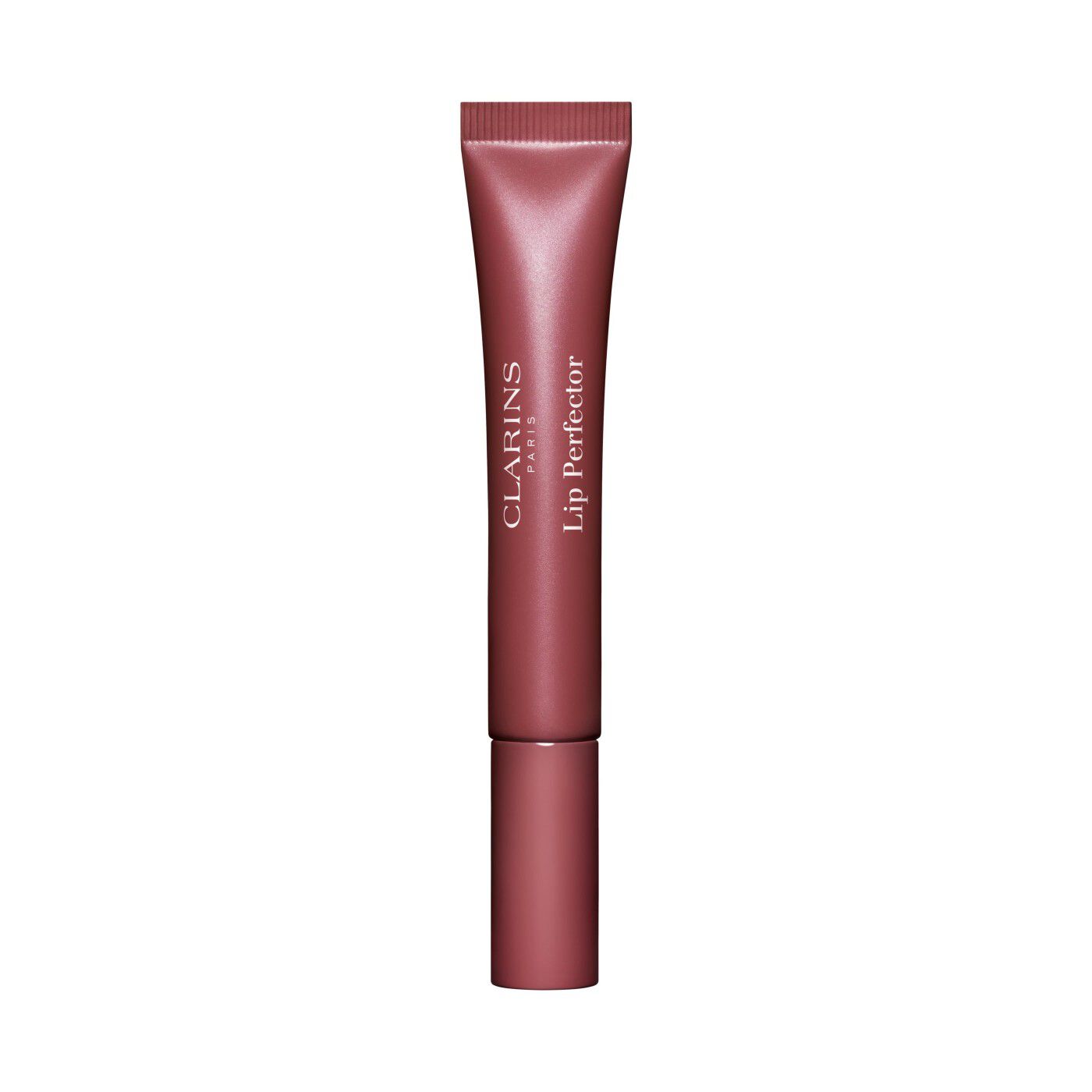 Clarins Illuminating Lip Gloss in a sleek, matte mauve tube with a clear applicator tip, labeled with "Clarins" and "Lip Perfector," showcasing its 12ml size and shade 25.