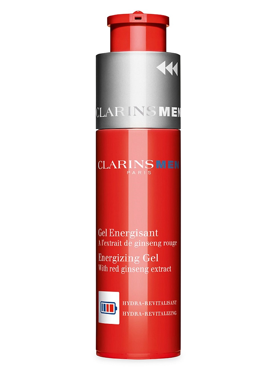 Red cylindrical bottle of Clarins Men Energizing Gel, featuring a silver cap and label, with text highlighting red ginseng extract and revitalizing properties.