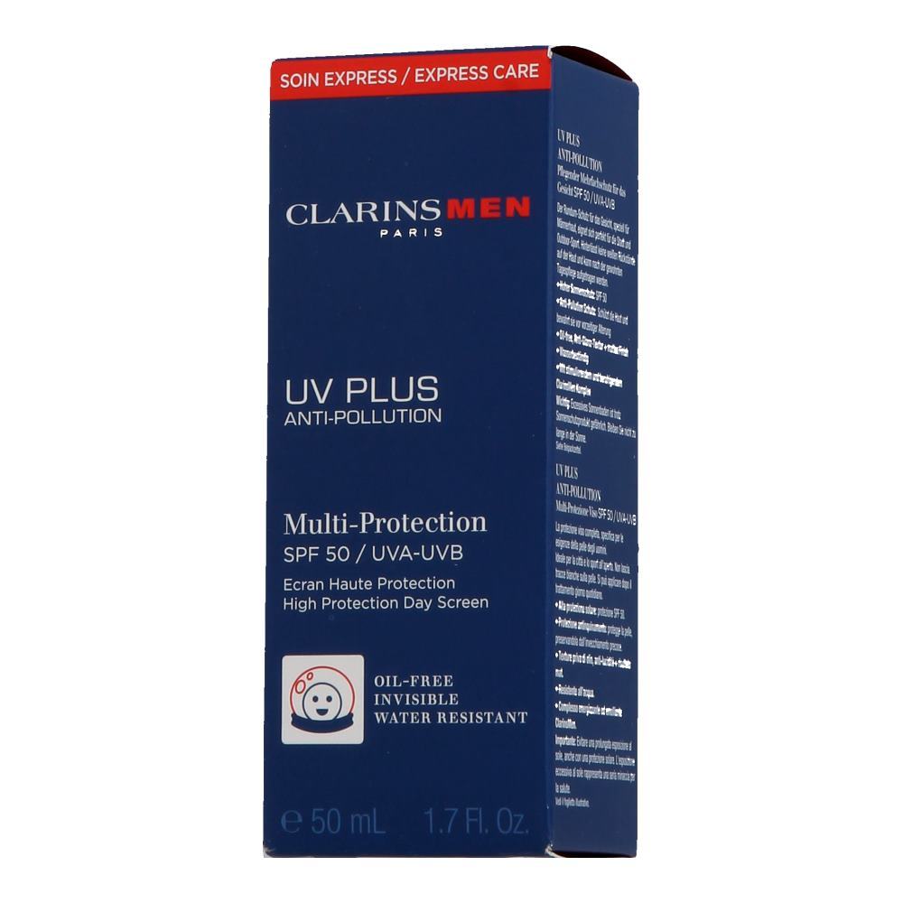 Blue and red packaging for Clarins Men UV Plus Anti-Pollution Multi-Protection SPF50 Day Cream, featuring a 50ml size, with key details on sun protection and water resistance.