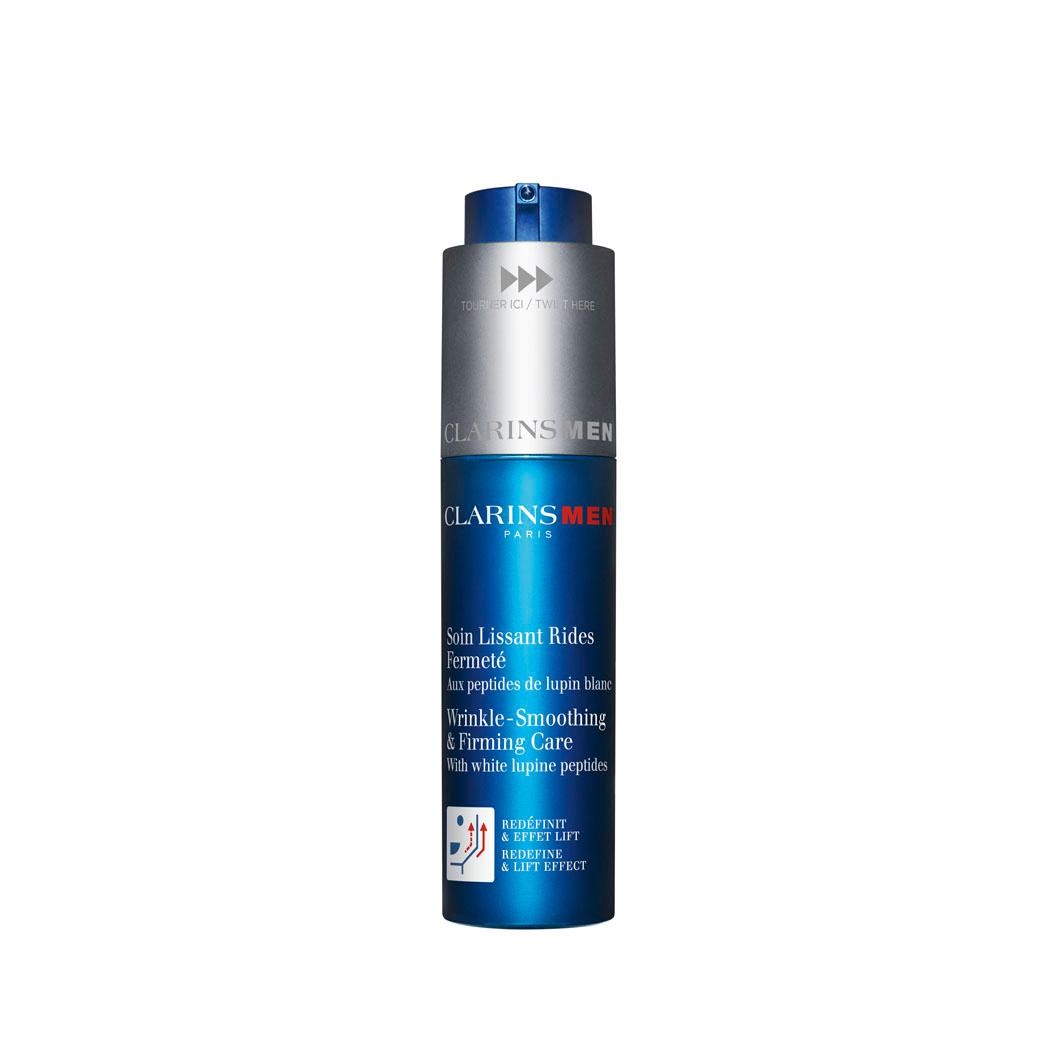 Blue and silver cylindrical bottle of ClarinsMen Wrinkle Smoothing & Firming Anti Aging Face Moisturizer, featuring a pump top and labeled with product details in white text.