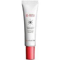 White tube with a red cap, featuring "RE-FRESH" in bold letters and an eye graphic, designed for de-puffing the under-eye area, 15ml size.