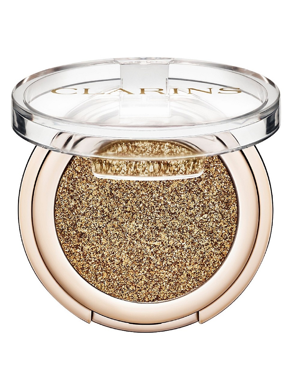 Gold diamond glitter eyeshadow in a round, clear container with a gold and beige base, featuring a sparkling, textured surface for a shimmering finish.
