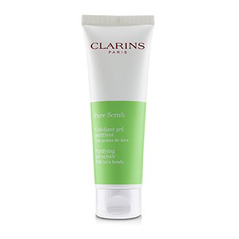 White and green squeeze tube with a flip-top cap, labeled "Clarins Pure Scrub" in red text, featuring lava beads for exfoliation, 1.7oz / 50ml size.