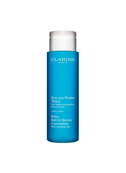 Turquoise bottle of Clarins Relax Bath & Shower Concentrate, featuring a sleek design and white text, labeled with "Relax" and "With essential oils."
