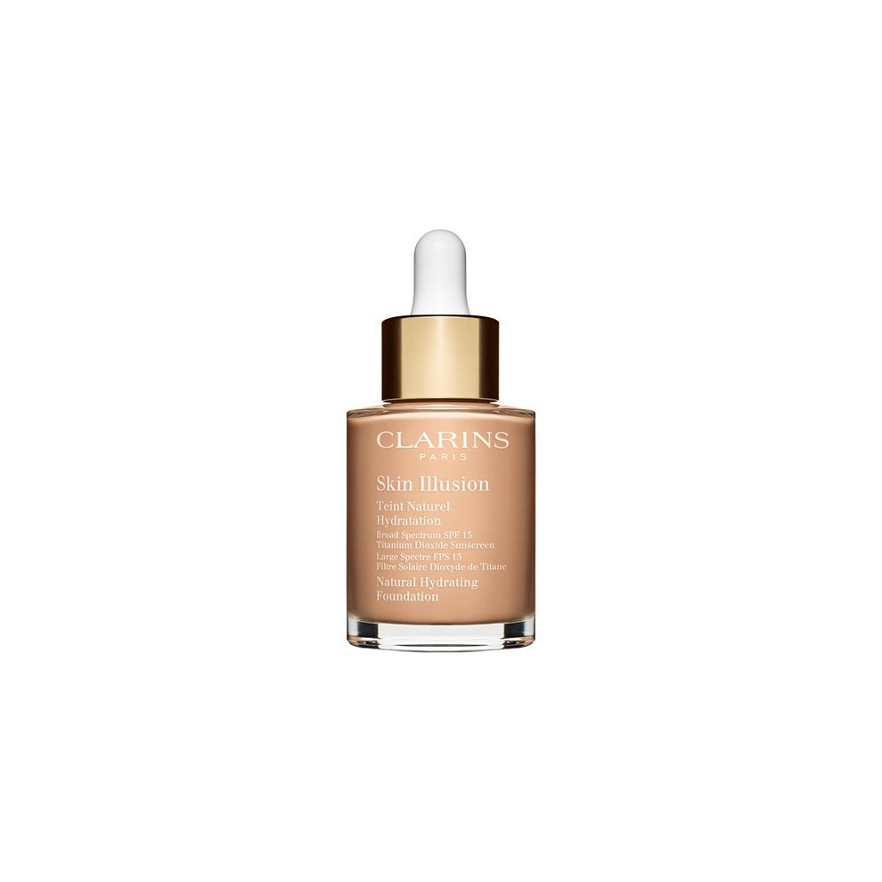 Clarins Skin Illusion Natural Hydrating Foundation in Beige features a glass bottle with a dropper and a gold cap, showcasing a light beige liquid inside.