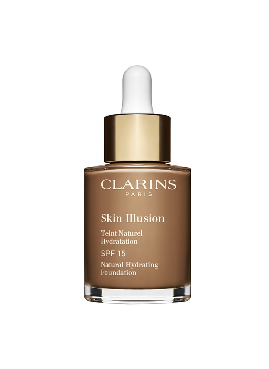 Clarins Skin Illusion Natural Hydrating Foundation in a beige glass bottle with a dropper, featuring a gold cap and white label with brand name and product details.