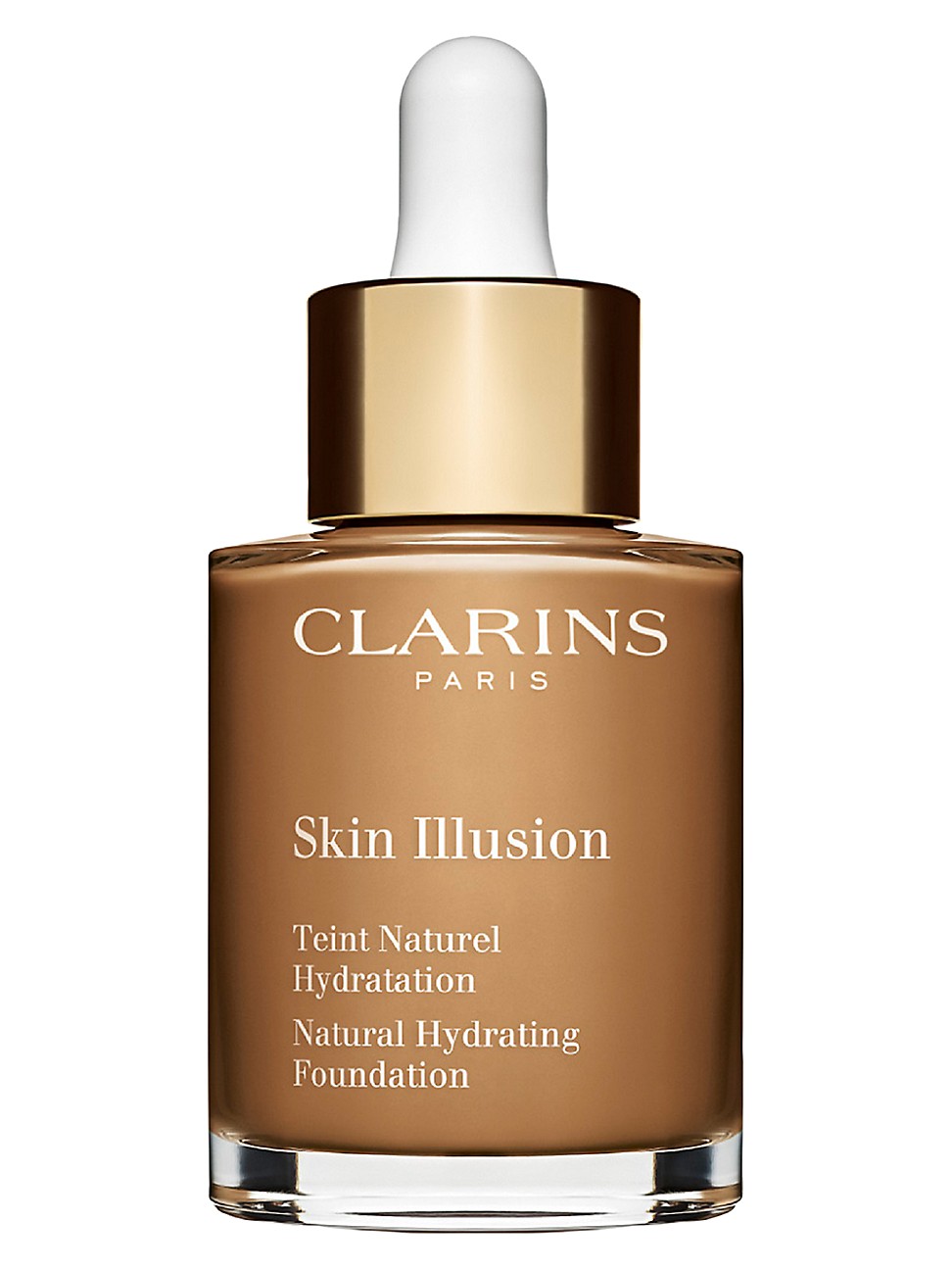 Clarins Skin Illusion Natural Hydrating Foundation in a beige glass bottle with a gold dropper cap, featuring the brand name and product details in white text.