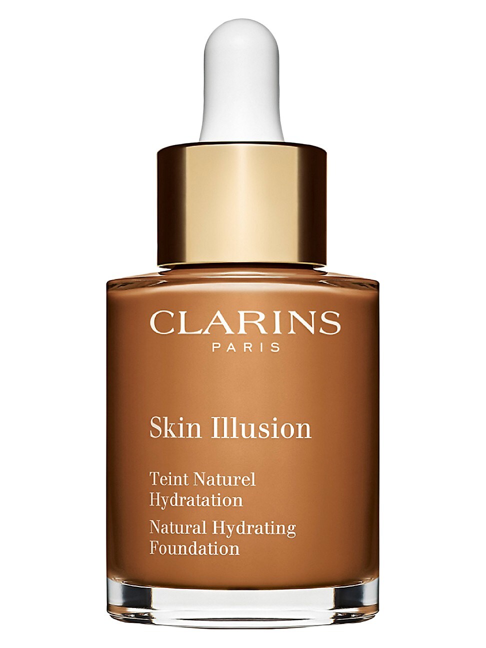 Clarins Skin Illusion Natural Hydrating Foundation in a glass dropper bottle, featuring a beige liquid and a white dropper cap, with gold accents on the label.
