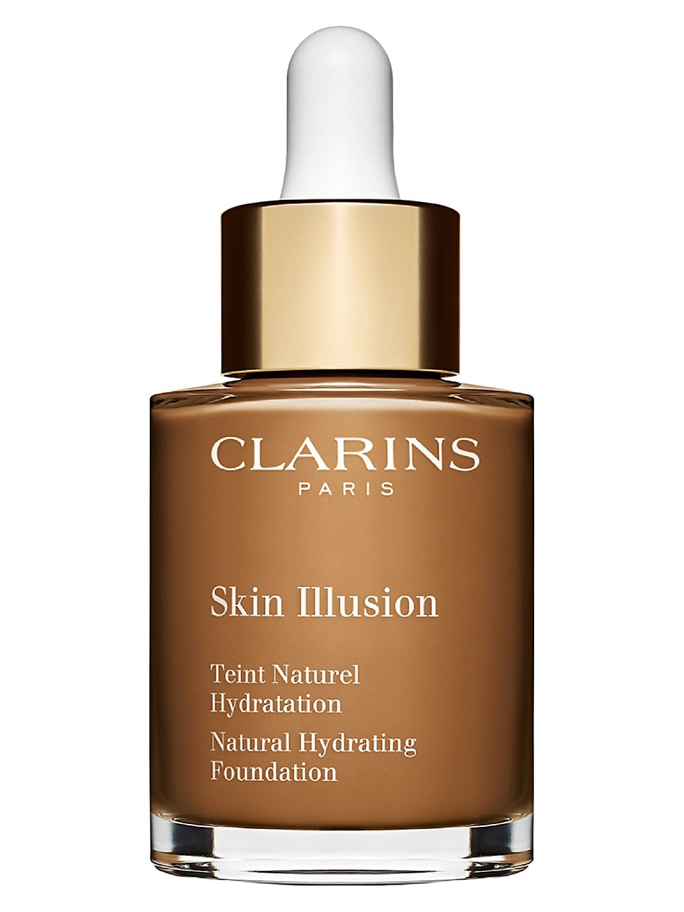 Clarins Skin Illusion Natural Hydrating Foundation in 118 Sienna, 30ml, features a sleek glass bottle with a dropper, showcasing a rich, warm brown liquid and elegant branding.