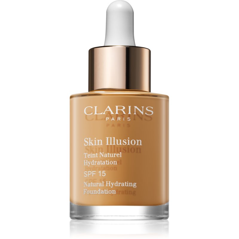 Clarins Skin Illusion Natural Hydrating Foundation in a brown glass bottle with a dropper, featuring a gold label and SPF 15, designed for a natural finish.